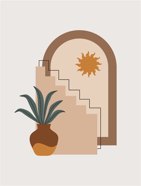 Modern abstract aesthetic background of geometric shapes, vase, stairs ...