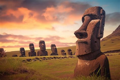 Premium Photo | Easter island at sunset moai statues generative ai