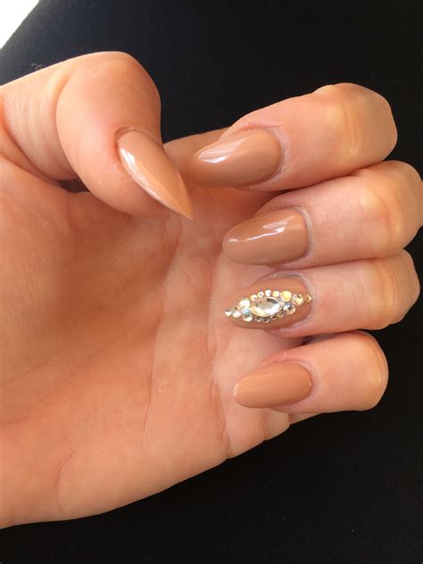 Acrylic nails, beige nails with diamond, oval nails, beige nail polish | Oval nails, Diamond ...