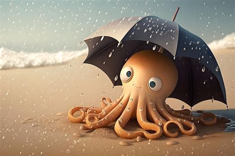 Premium Photo | An octopus with an umbrella is under it in the rain.