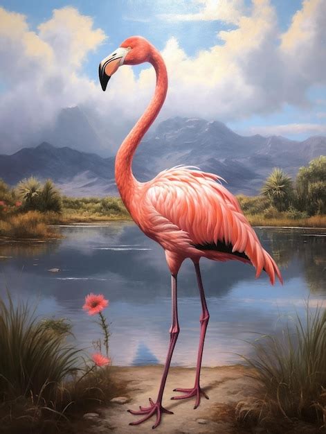 Premium AI Image | A painting of a flamingo with a mountain in the ...