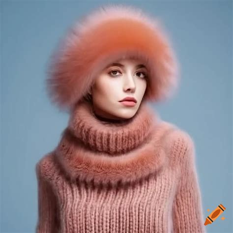 Woman wearing chunky knit turtleneck and fur hat on Craiyon