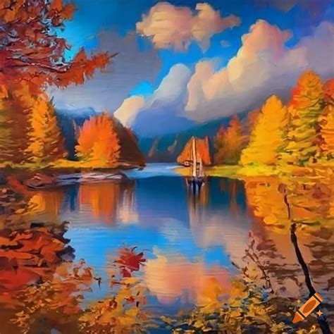 Serene autumn cabin by a lake painting