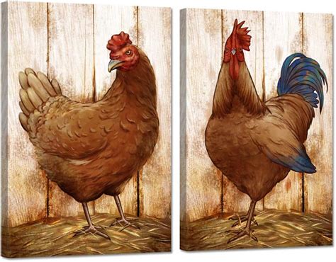 Amazon.com: iHAPPYWALL 2 Pieces Chicken Farm Animal Canvas Wall Art ...