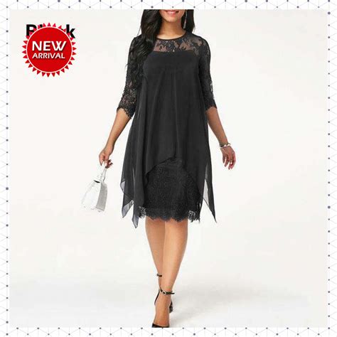 Plus Size Chiffon Dresses Women New Fashion Chiffon Overlay Three Quarter Sleeve Stitching ...