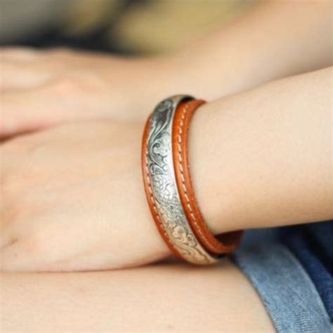 Vintage Handmade Leather Bracelets Silver Alloy Carving Leather Bracel ...