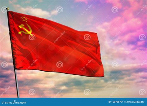 Fluttering Soviet Union SSSR, USSR Flag Mockup With Blank Space For Your Text On Crimson Red Sky ...