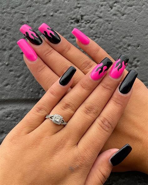 Stunning Flame-inspired Acrylic Nails in Pink and Black