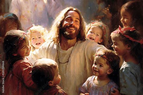Jesus Christ with joyful children - Fine art oil painting style Stock ...
