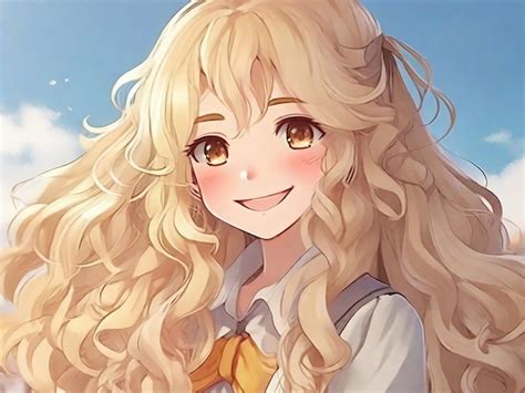 Premium AI Image | An anime girl with long curly blonde hair and a gentle smile