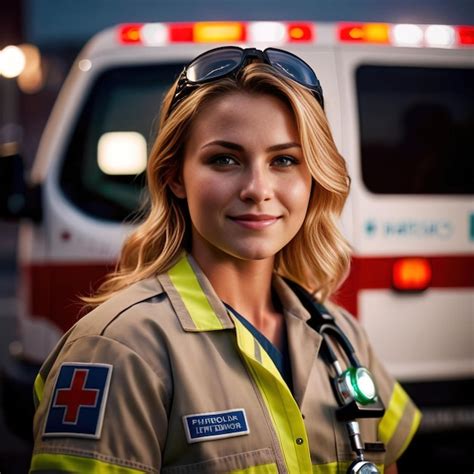 Premium Photo | Woman paramedic next to ambulance smiling