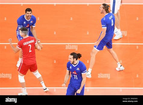 France volleyball team celebrating a point against Italy . Volleyball World Championship 2022 ...