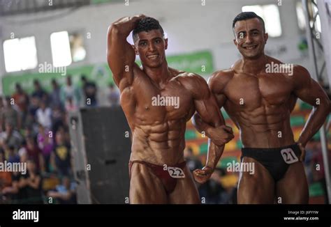 Gaza. 20th May, 2017. Palestinian men take part in a bodybuilding competition in Gaza City on ...