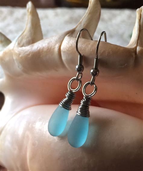 Aqua Blue Sea Glass Dangle Earrings Teardrop Small Dainty Wire Wrap BB | Blue sea glass, Dangle ...