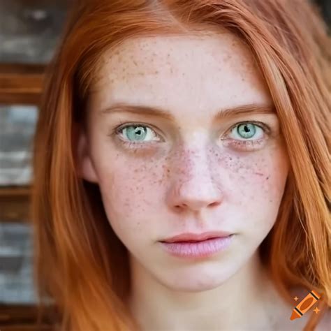 Woman with auburn hair and freckles near a cabin