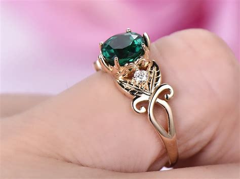 Floral Round Emerald Diamond Engagement Ring in 14k Yellow Gold | Emerald engagement ring ...