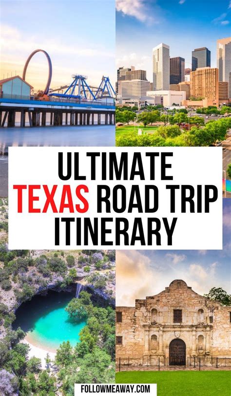 the ultimate texas road trip itinerary with images of buildings, water and trees