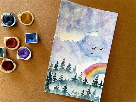 Rainbow Sky Original Watercolor Landscape Painting | Etsy