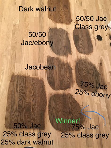 Chose our white oak hardwood stain color today. The winner is 75% Jacobean and 25% classic grey ...