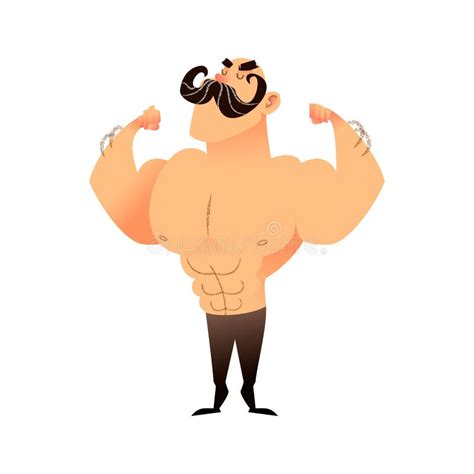 Cartoon Muscular Man with a Mustache. Funny Athletic Guy. Bald Man Proudly Shows His Muscles in ...