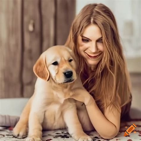 Golden retriever puppy cuddling with a woman on Craiyon