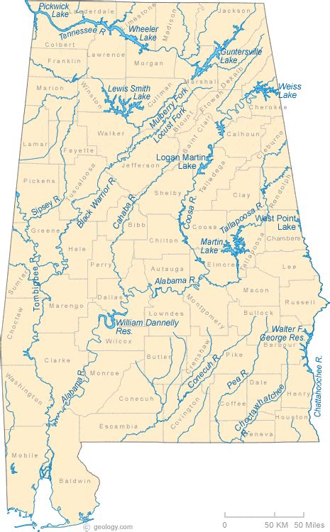 Map of Alabama Lakes, Streams and Rivers