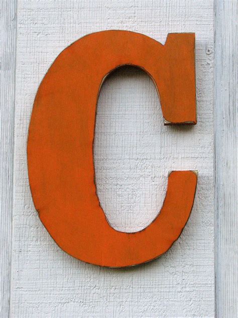 Rustic Wooden Alphabet Letter "C" Briht Orange Distressed 12" Tall 3/4" thick home decor kids ...