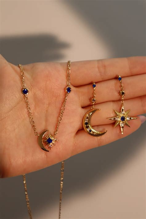 14K Gold Blue Gem Moon Star Necklace – Cutethingscommin