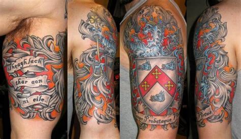 Crest tattoo, Family crest tattoo, Mens shoulder tattoo