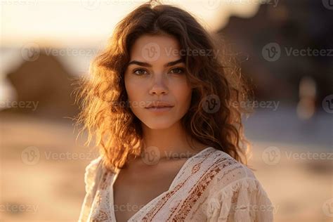 a gorgeous hispanic woman wearing a white silk dress, shy half smile golden hour, beach scenery ...