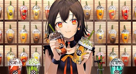 Anime girl, waitress, coffee shop, cute, orange eyes, sweet drinks ...