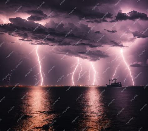 Premium AI Image | A lightning storm over the ocean with a ship in the ...