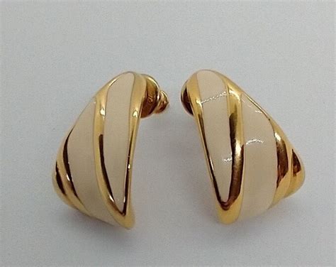 Vintage Signed Monet Earrings Ivory Enamel and Goldtone Pierced Studs ...