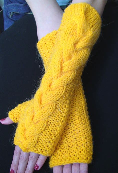 Fingerless Gloves Knit Yellow Handmade Cabled Arm Warmers | Etsy