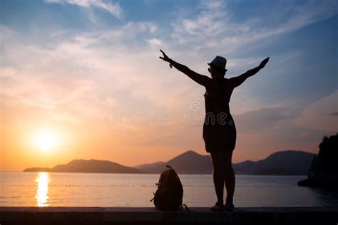 Woman Silhouette on the Beach at Sunset Stock Photo - Image of beach ...