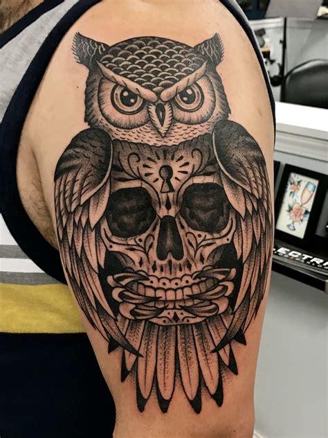 Upper Arm tattoo | Owl skull tattoos, Tattoos, Owl tattoo small