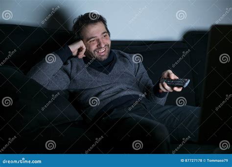 Smiling Man Watching Television at Night Stock Photo - Image of leisure, domestic: 87727178