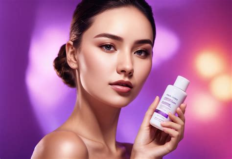 Lexica - Clear ambient glowing purple background, female skin brightening lotion advertisement ...