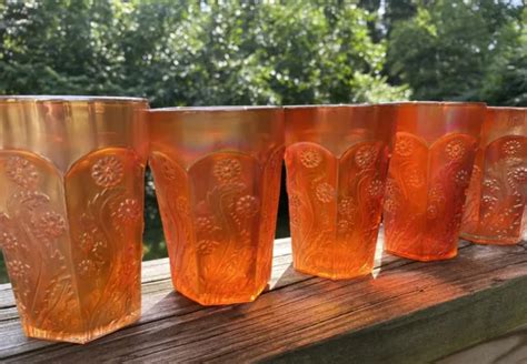 5 CIRCA 1910 Antique Marigold Carnival Glass Iced Tea Tumblers PANELED DANDELION $99.99 - PicClick