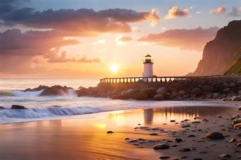 Premium Photo | A lighthouse on a beach at sunset