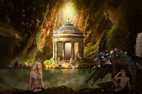 HD wallpaper: gazebo painting, mysterious, mystical, fantasy, mermaid ...