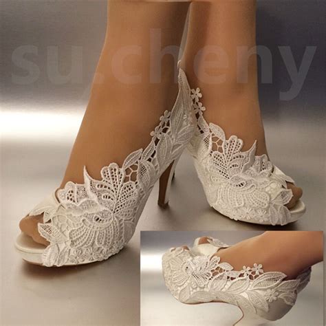 su.cheny 3” 4” heel white ivory silk lace peep toe crystal Wedding Bridal shoes | eBay