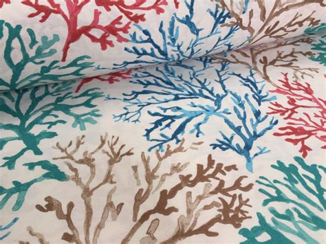 Blue Coral Reef Fabric Curtain Upholstery Cotton Material Sea Teal, Brown, Red Corals -280cm or ...