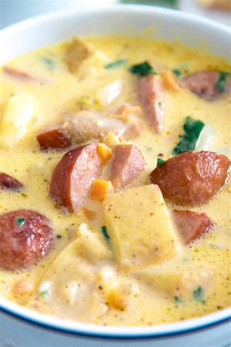 This potato kielbasa soup recipe is full of crispy sausage pieces and ...