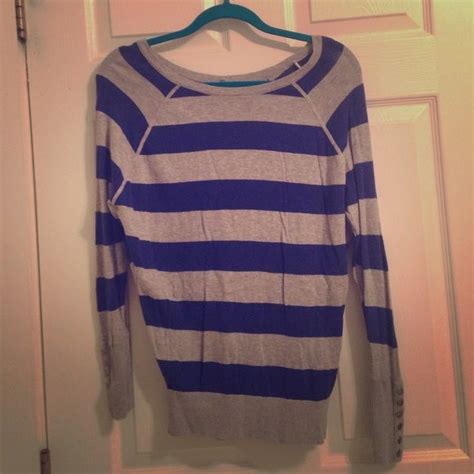 Blue and Grey Striped Button-Back Sweater | Sweaters, Grey stripes, Cute sweaters