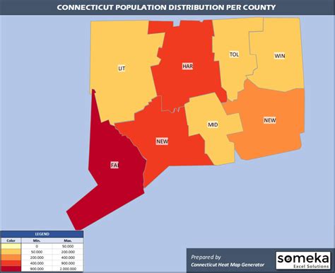 Connecticut County Map and Population List in Excel