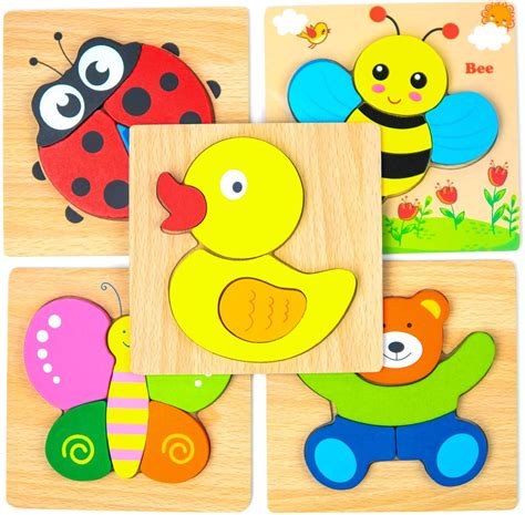 Wooden Jigsaw Puzzles for Toddlers 1 2 3 Years Old Kids Educational Toys 5 Pack Animal Puzzles ...