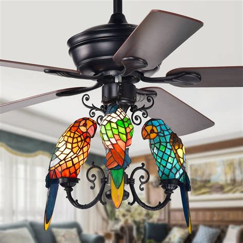 Korubo 3-light 52-inch Lighted Ceiling Fan Tiffany Style Parrot Shades ...