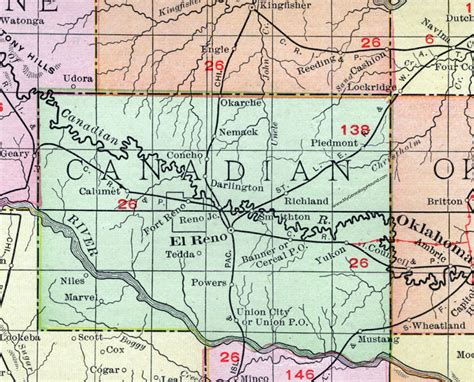 Canadian County, Oklahoma 1911 Map, Rand McNally, El Reno, Yukon, Mustang