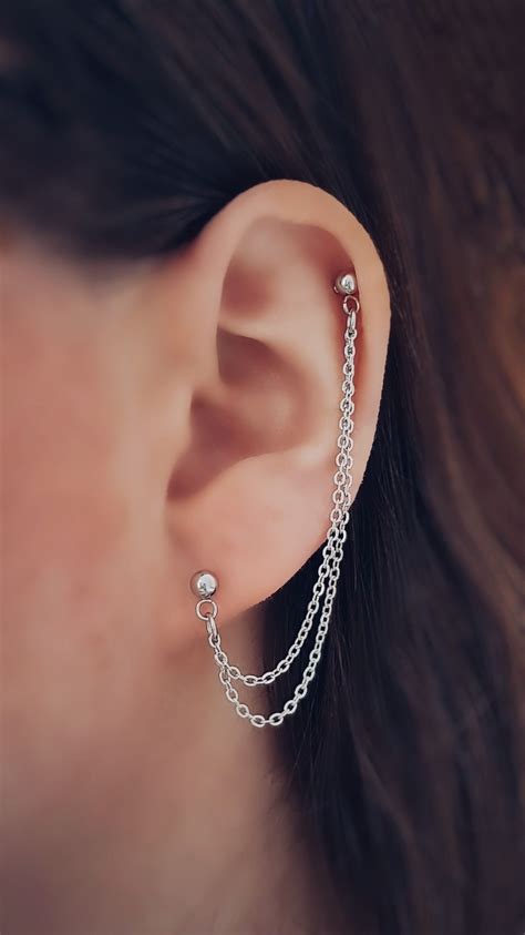 Helix Cartilage to Lobe Earring Stainless Steel Double Chain - Etsy UK | Emerald earrings studs ...